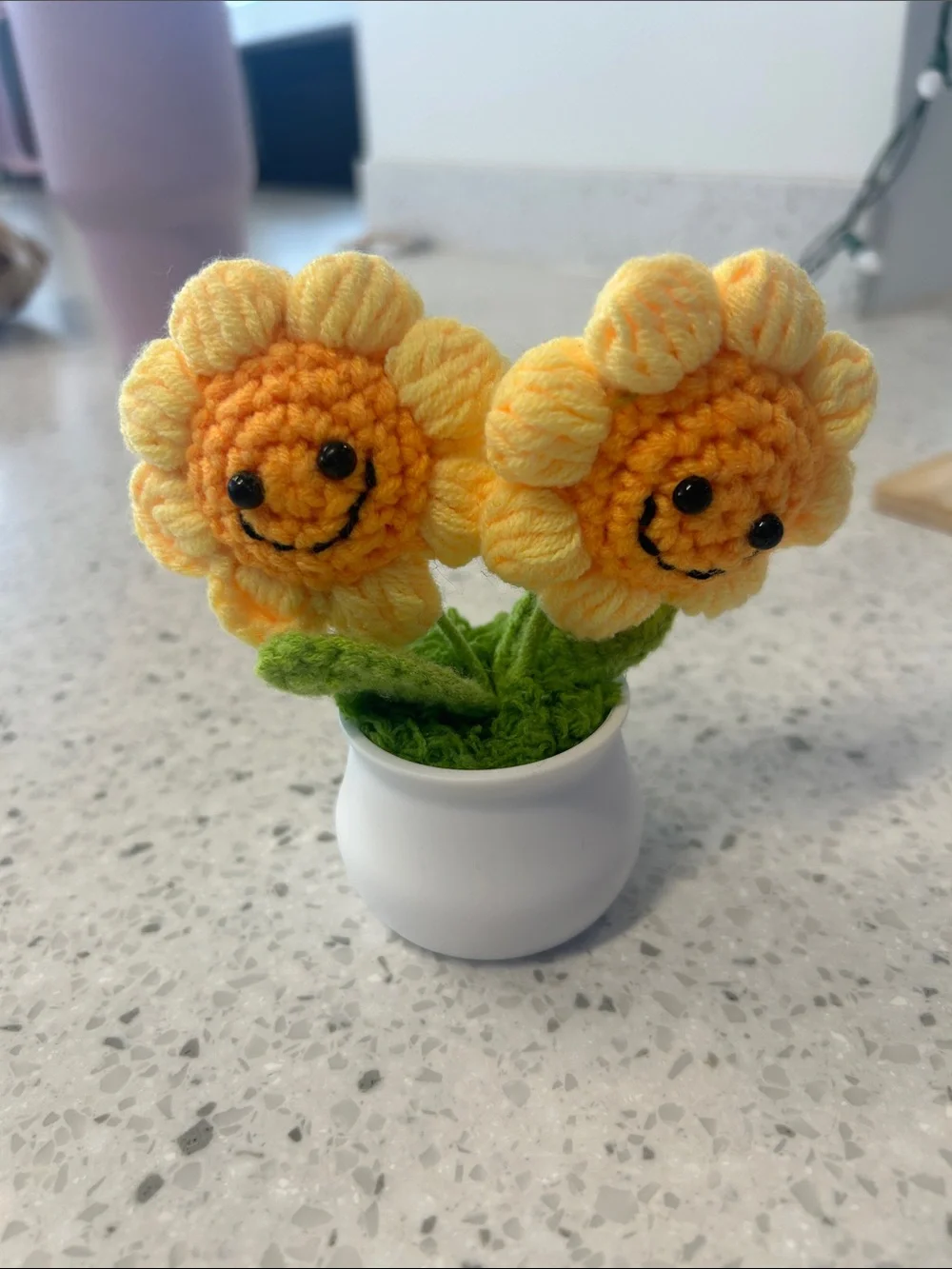 Handmade Yellow Crochet Smiling Sunflower Duo in White Pot